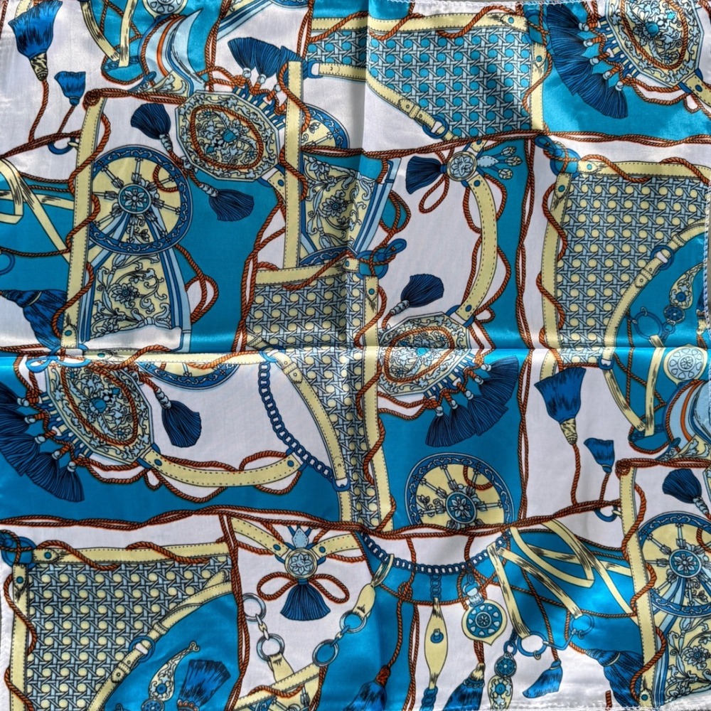 Vintage Blue and Gold Equestrian Tassel Print Square Scarf 20" Square NWOT